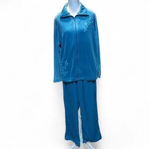 Blue Velour Tracksuit with Floral Embroidery Sz large petite